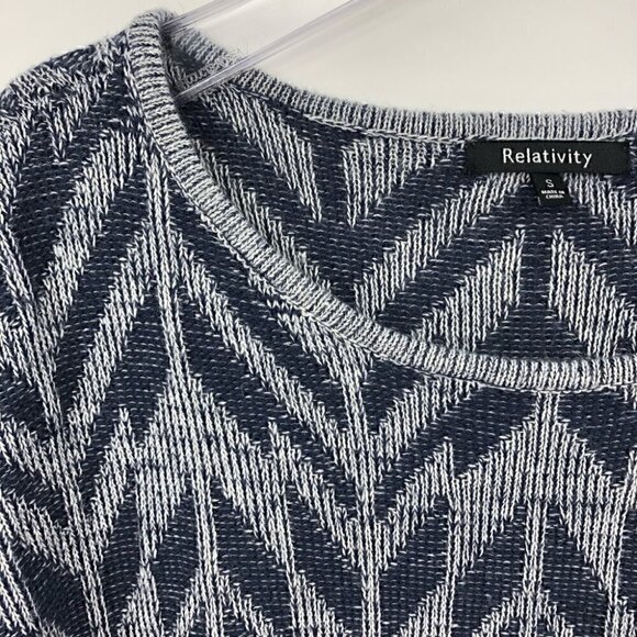 Relativity Anthro Women’s S Chevron Blue Knit Fringe Geometric Boho Sweater - Picture 6 of 8